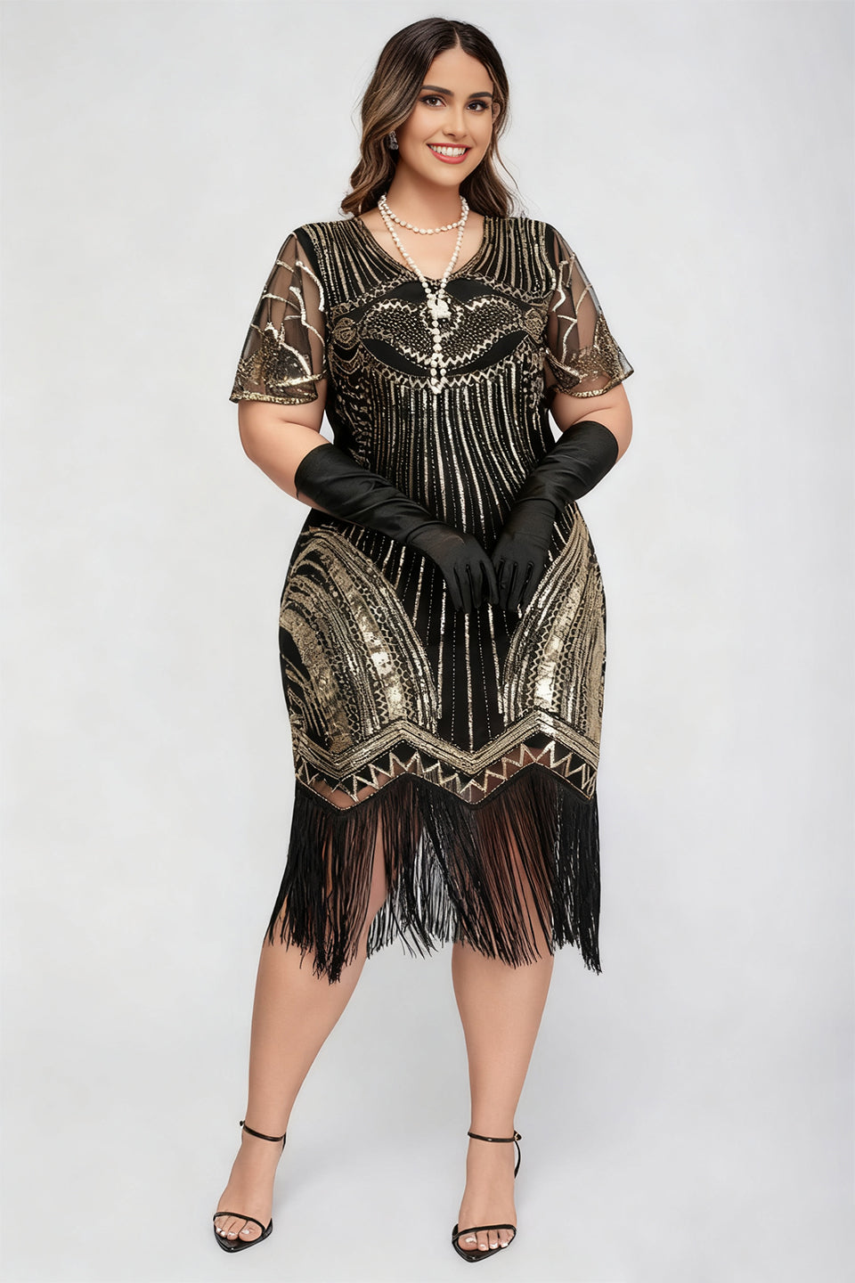 Curveins 1920s Gold Ruby Plus Size Striped Sequin Fringe Flapper Midi Dress