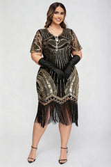 Curveins 1920s Gold Ruby Plus Size Striped Sequin Fringe Flapper Midi Dress