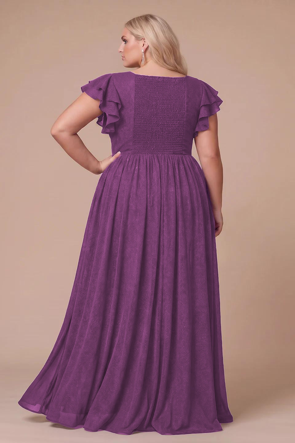 Curveins Plus Size V-Neck Ruffle Sleeve Split A-Line Maxi Dress