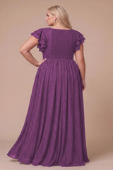 Curveins Plus Size V-Neck Ruffle Sleeve Split A-Line Maxi Dress