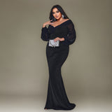 Curveins Plus Size Off Shoulder V Neck Bodycon Mermaid Maxi Dress