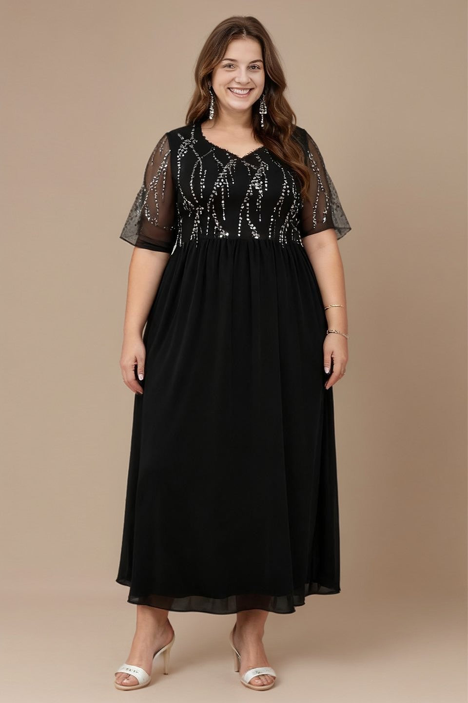 Curveins Plus Size V Neck Striped Maxi Dress With Fringe Batwing Sleeves