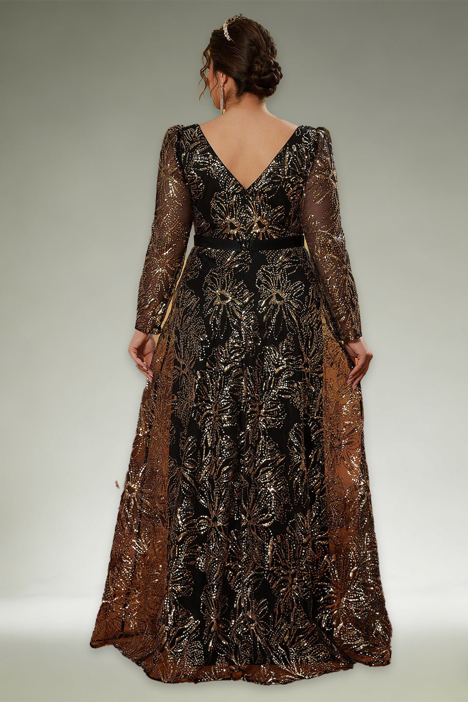 Curveins Plus Size Square Neck Long Sleeve Waist-Defined Sequin Pattern Dress