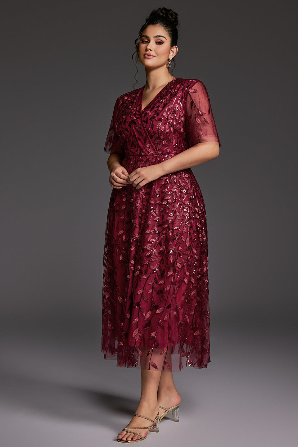 Curveins Plus Size V-Neck Ruffle Sleeve Embroidered Maxi Dress