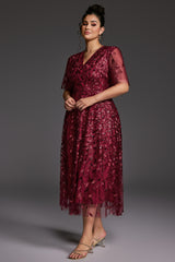 Curveins Plus Size V-Neck Ruffle Sleeve Embroidered Maxi Dress