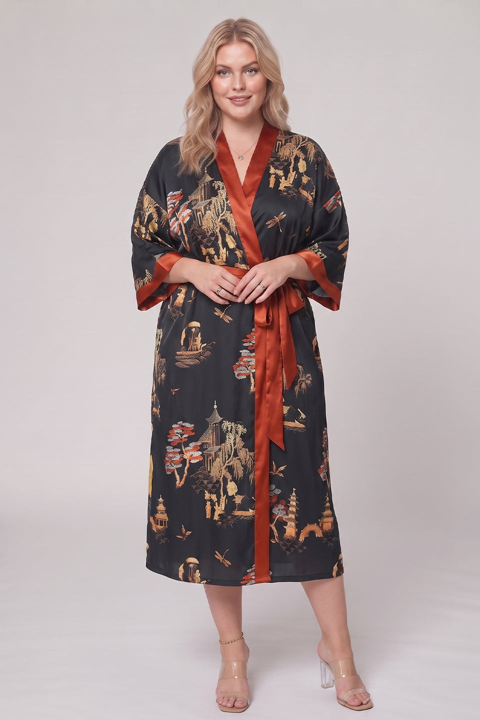 Curveins Plus Size Satin Ice Silk Cooling Lightweight Loose Fit Robe Nightwear