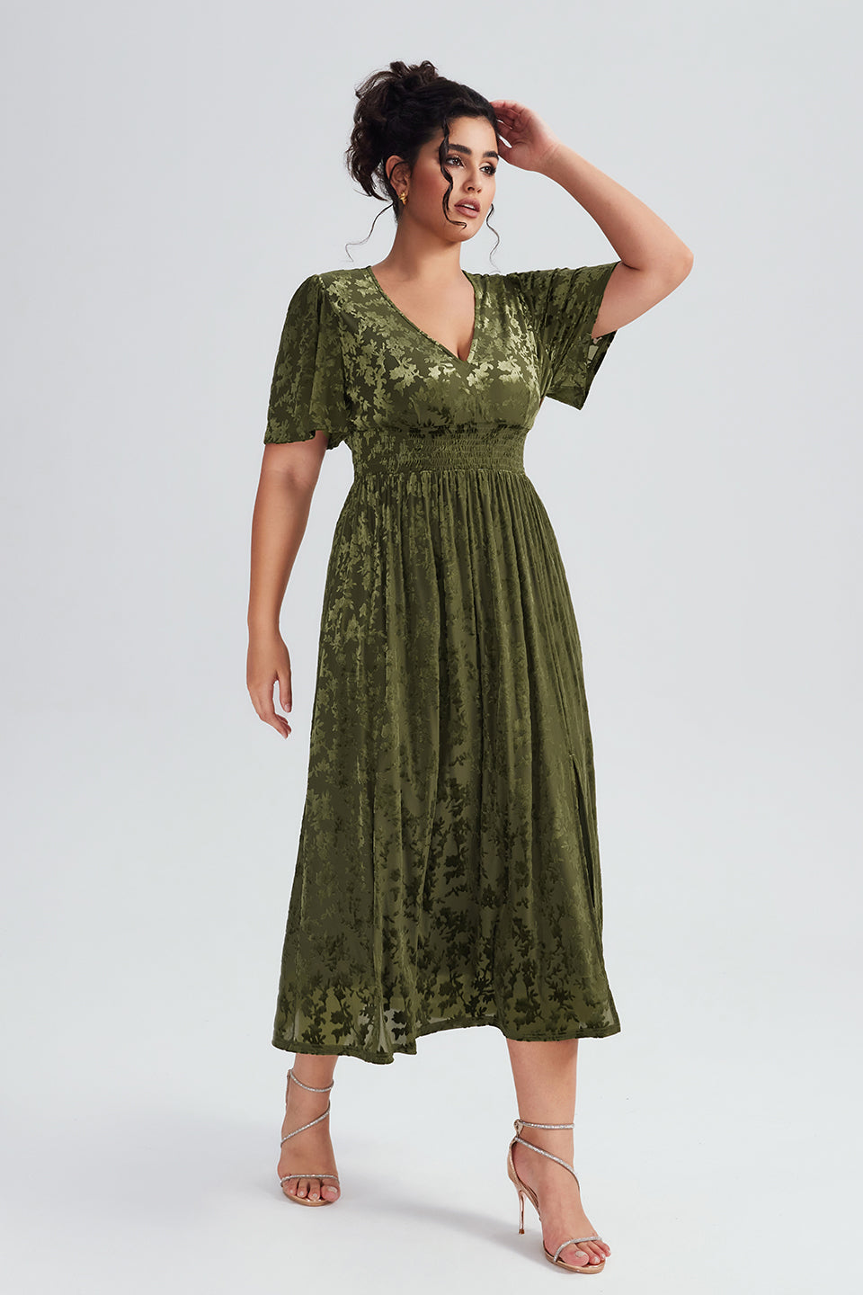 Curveins Plus Size Velvet V-Neck Elegance Plain Maxi Dress