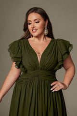 Curveins Plus Size V-Neck Ruffle Sleeve Split A-Line Maxi Dress