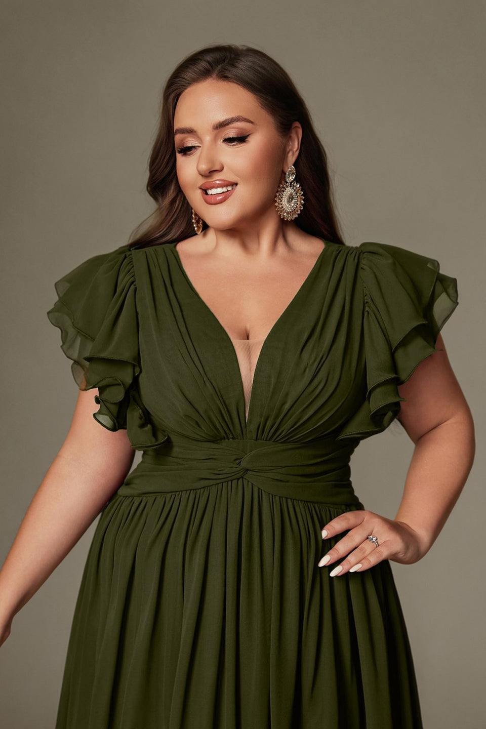 Curveins Plus Size V-Neck Ruffle Sleeve Split A-Line Maxi Dress