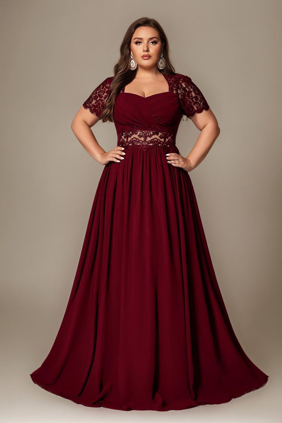 Curveins Plus Size Strapless Embroidered Short Sleeve Waist Cinch A-Line Maxi Dress