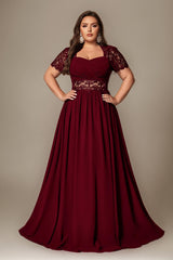 Curveins Plus Size Strapless Embroidered Short Sleeve Waist Cinch A-Line Maxi Dress
