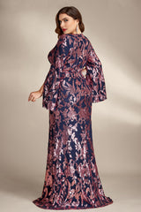 Curveins Plus Size Elegant V-Neck Sequin Bodycon Dress with Slit Sleeves