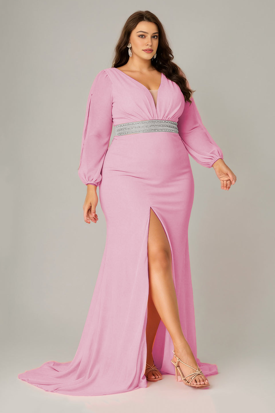 Curveins Plus Size V-Neck Long Sleeve Waist Slim Split Maxi Dress