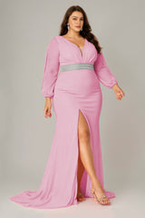 Curveins Plus Size V-Neck Long Sleeve Waist Slim Split Maxi Dress