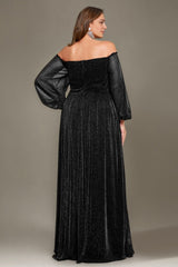 Curveins Plus Size Elegant Off-Shoulder Long Sleeve Minimal Maxi Dress
