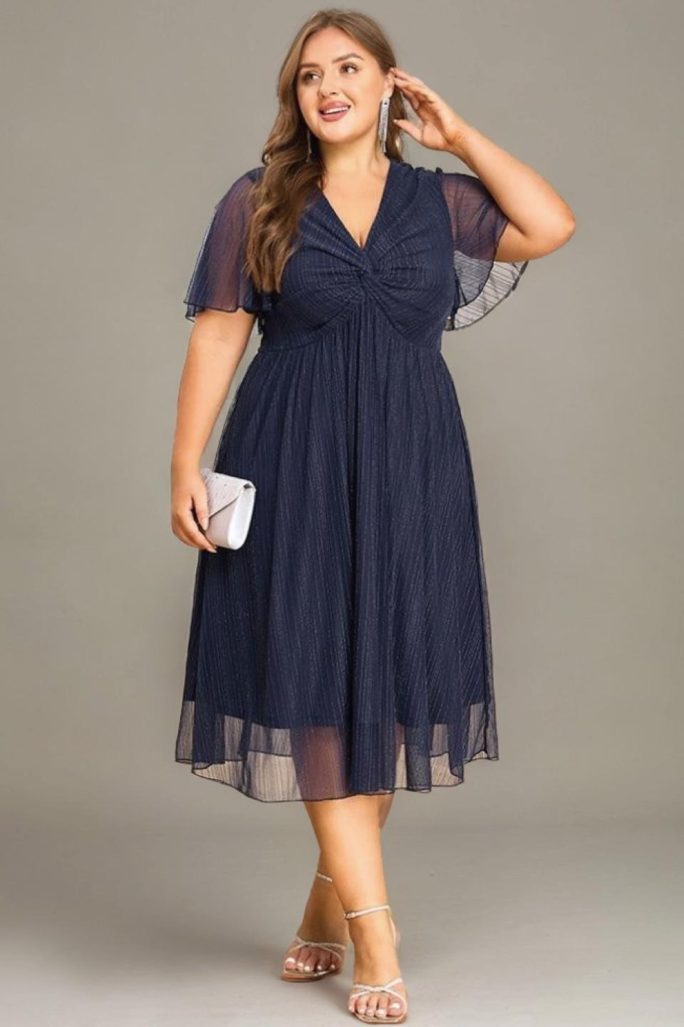 Curveins Plus Size V-Neck Batwing Sleeve Knot Waist Maxi Dress