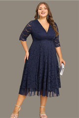 Curveins Plus Size V-Neck 3/4 Sleeves Lace & Mesh Maxi Dress