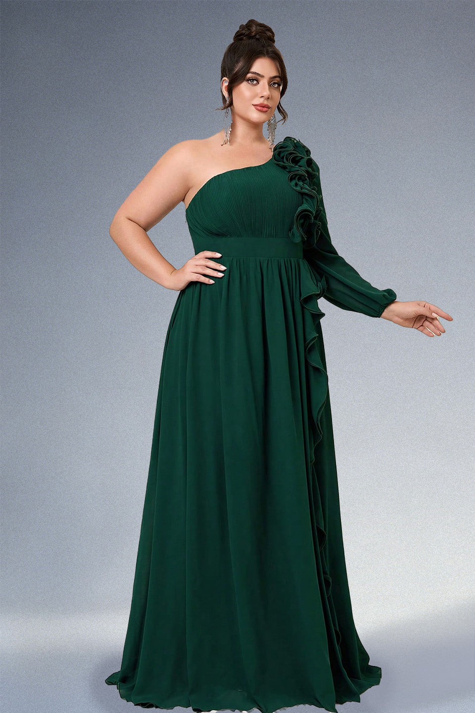 Curveins Plus Size Asymmetric One-Shoulder Ruffled Long Dress