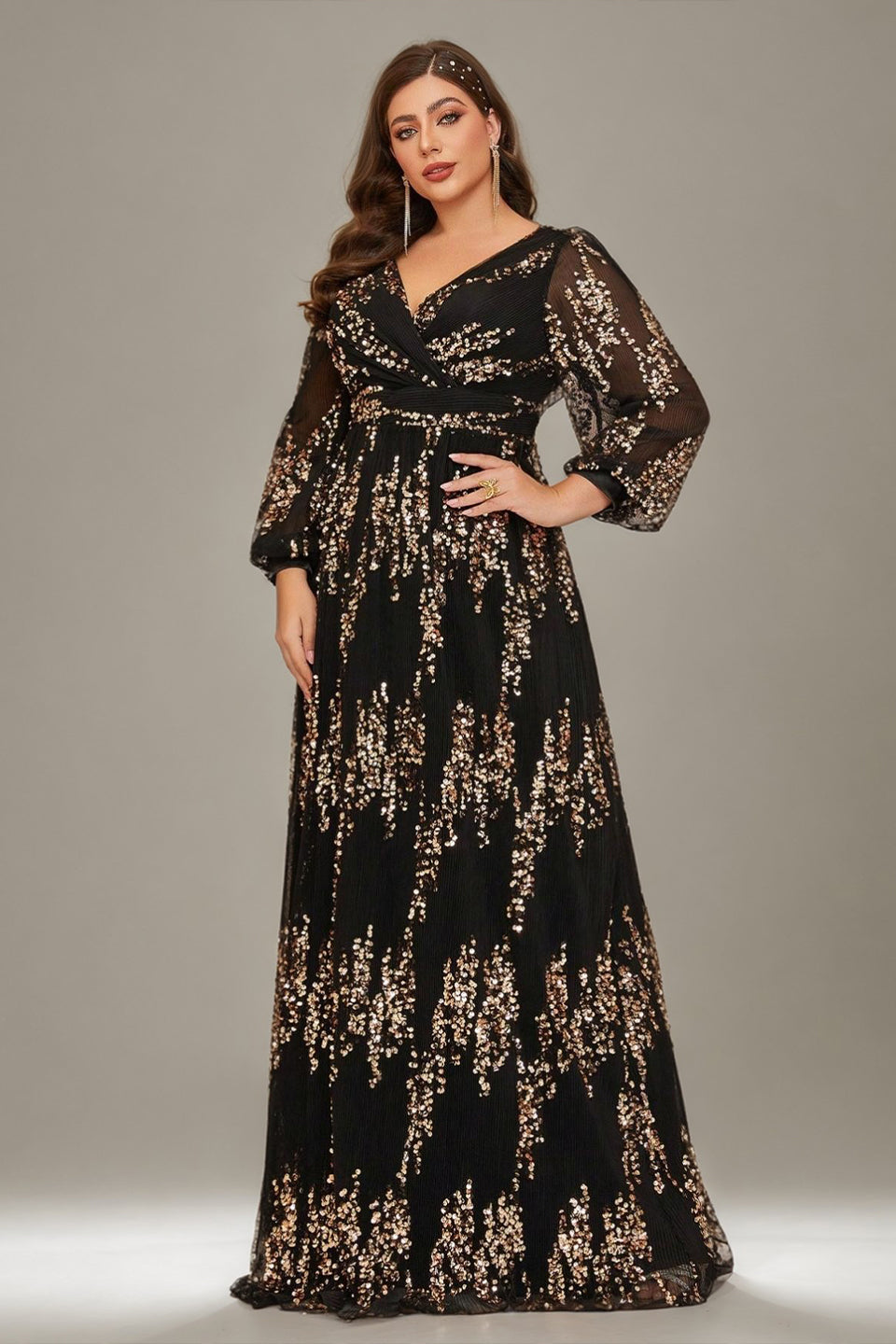 Curveins Plus Size Sequin V-Neck Lantern Sleeve Formal Party Maxi Dress