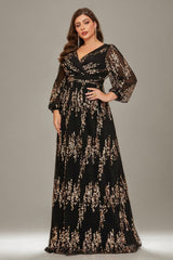 Curveins Plus Size Sequin V-Neck Lantern Sleeve Formal Party Maxi Dress
