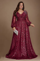 Curveins Chic Plus Size V-Neck Floral Pattern Lantern Sleeve Gown