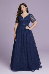 Curveins Plus Size Elegant V-Neck Embroidered Short-Sleeve Slimming Maxi Dress