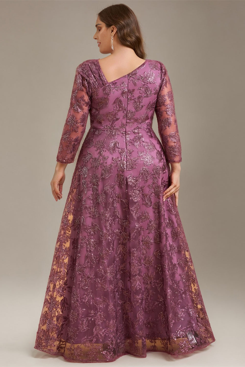 Curveins Plus Size V-Neck Long Sleeve Floral Embroidered Sequin Maxi Dress