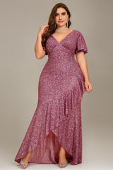 Curveins Plus Size V-Neck Short Sleeve Sequin Ruffle Slit Evening Gown