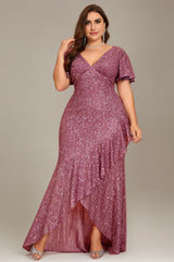 Curveins Plus Size V-Neck Short Sleeve Sequin Ruffle Slit Evening Gown