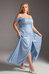 Curveins Plus Size Strapless Sleeveless Ruched Slit Elegant Maxi Dress