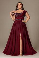 Curveins Plus Size Asymmetric One-Shoulder Sequin Side-Slit Maxi Dress
