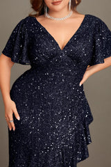 Curveins Plus Size V-Neck Short Sleeve Sequin Ruffle Slit Evening Gown