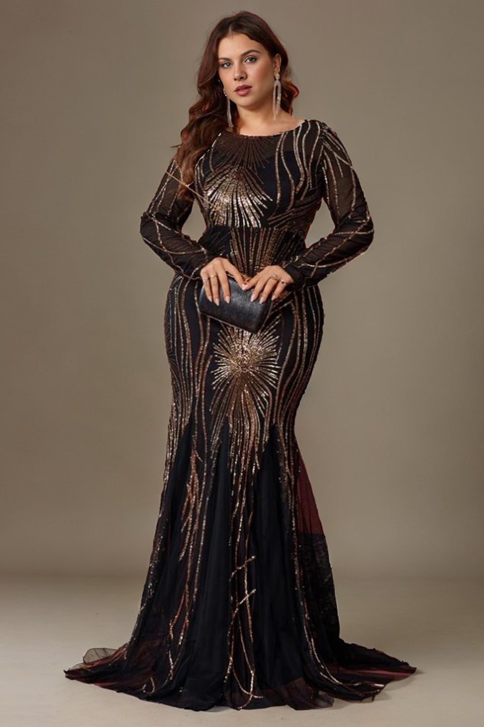 Curveins Plus Size Round Neck Long Sleeve Sequin Bodycon Maxi Dress