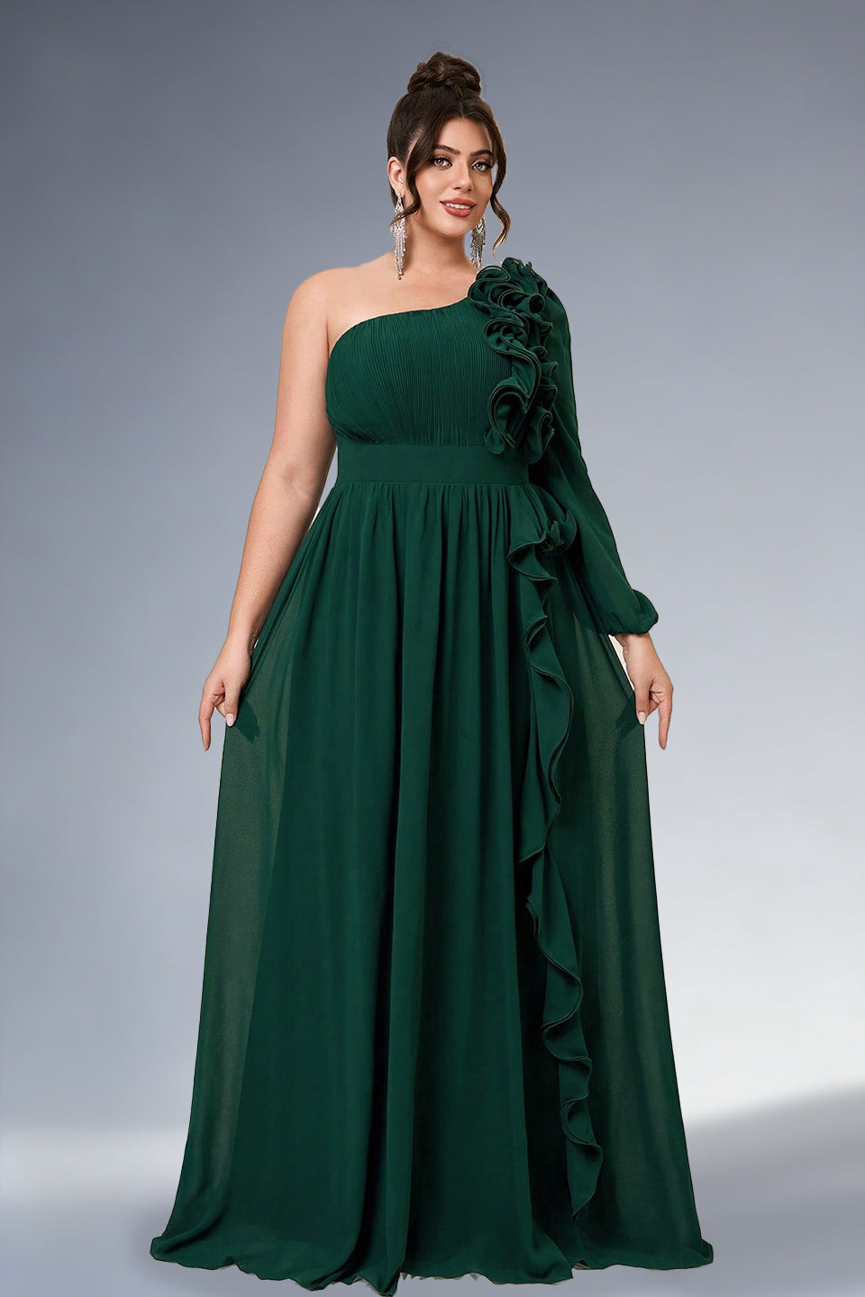 Curveins Plus Size Asymmetric One-Shoulder Ruffled Long Dress