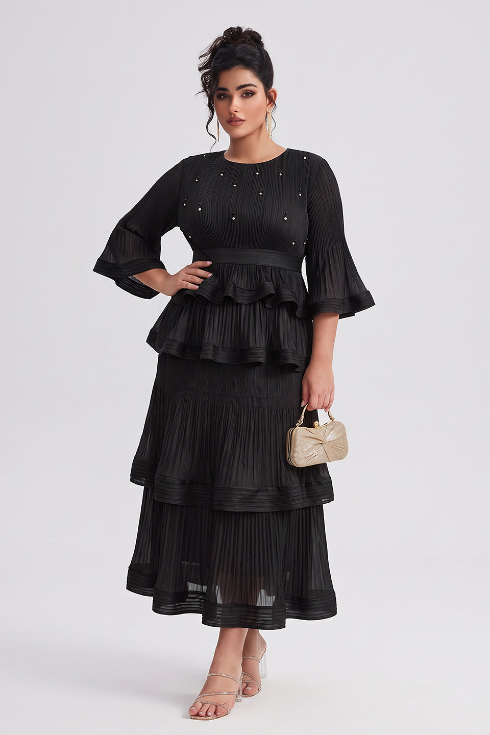 Curveins Plus Size Crew Neck Long Sleeve Ruffle Tiered Skirt Set