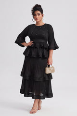 Curveins Plus Size Crew Neck Long Sleeve Ruffle Tiered Skirt Set