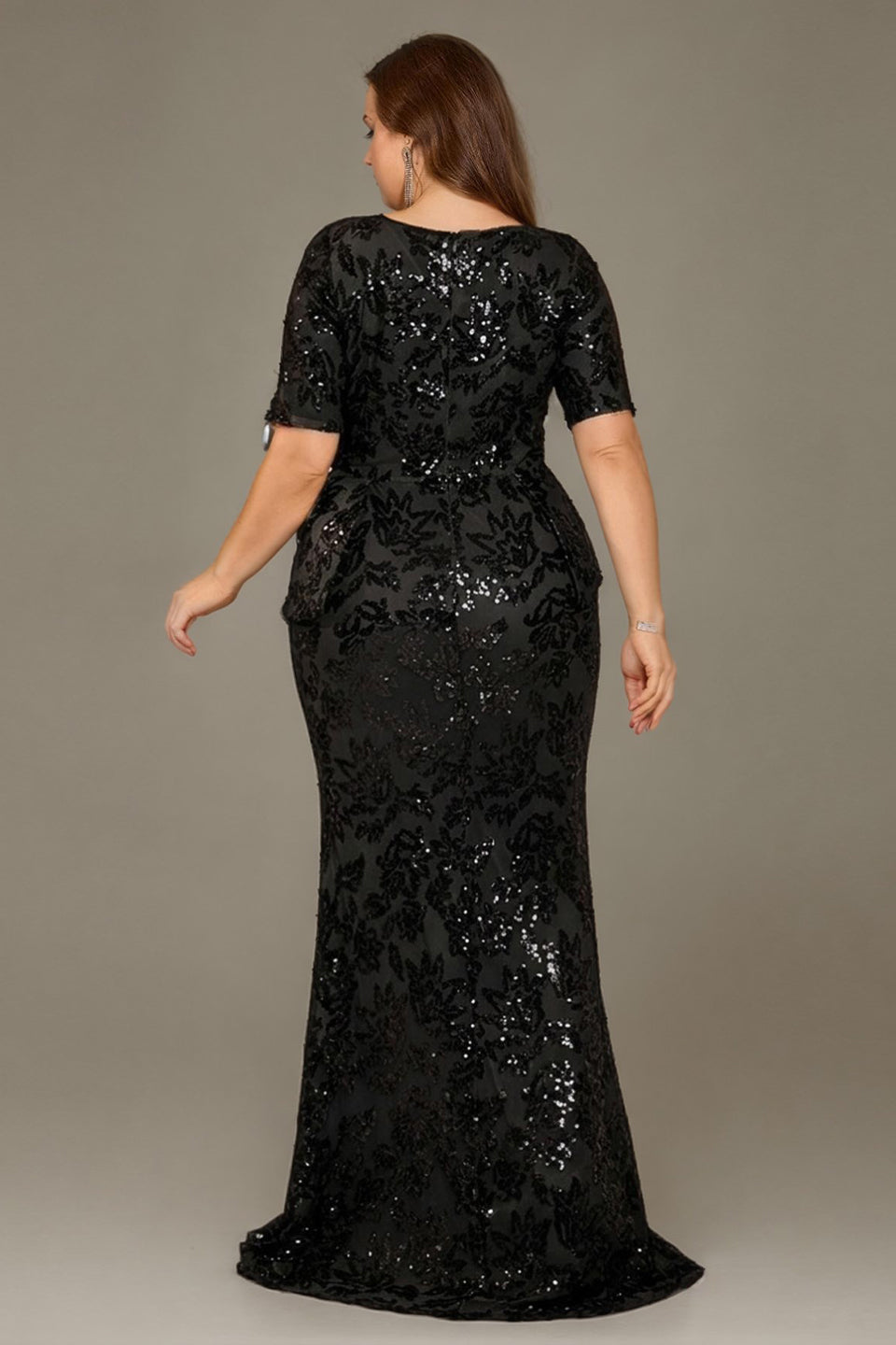 Curveins Plus Size V Neck Short Sleeve Bodycon Sequin Floral Maxi Dress