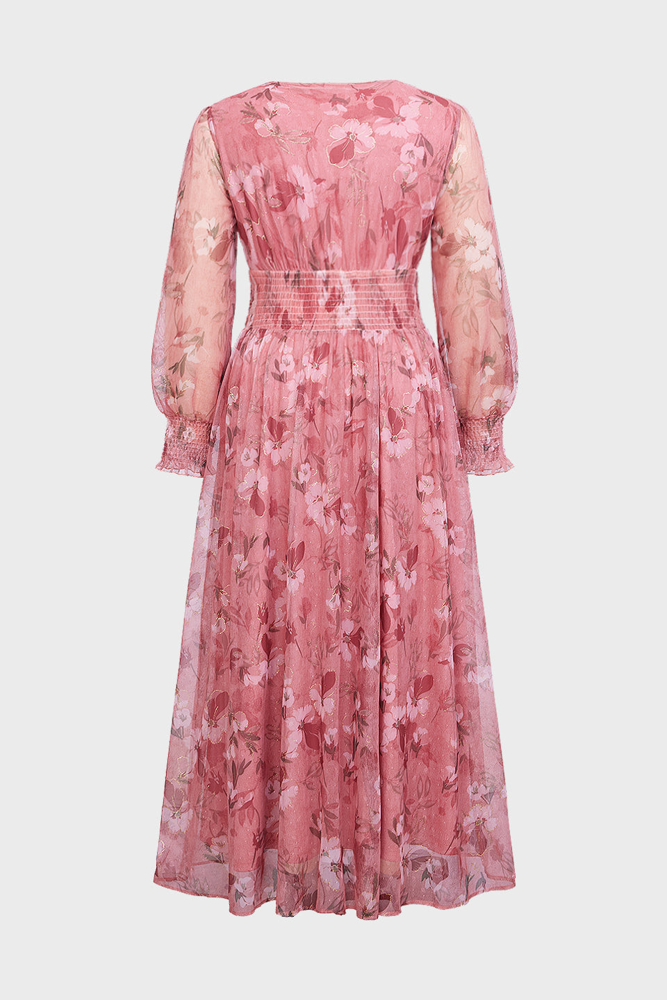 Curveins Plus Size V Neck Long Sleeve Floral Cinched Waist Maxi Dress