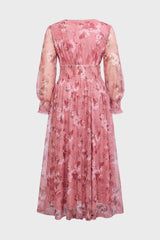 Curveins Plus Size V Neck Long Sleeve Floral Cinched Waist Maxi Dress