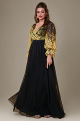 Curveins Plus Size V-Neck Floral Patchwork Maxi Dress with Flattering Flare Sleeves