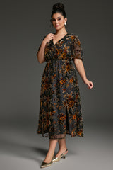Curveins Plus Size V-Neck Sheer Batwing Sleeve Floral Velvet Maxi Dress