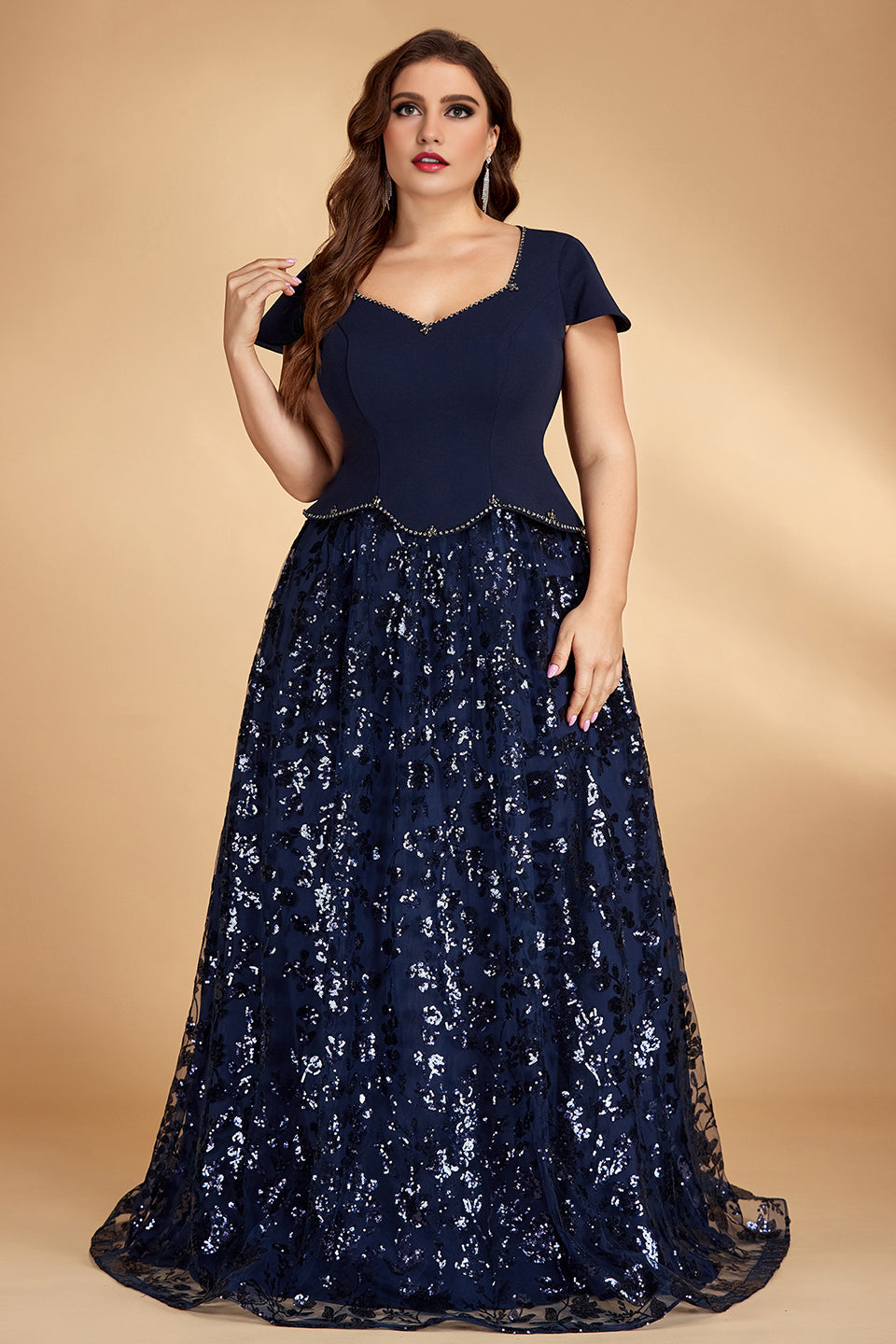 Curveins Plus Size V Neck Short Sleeve Sequin Patchwork Cinched Waist Floral Maxi Dress