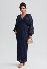 Curveins Plus Size V-Neck Sequin Balloon Sleeve Back-Slit Elegant Evening Maxi Dress