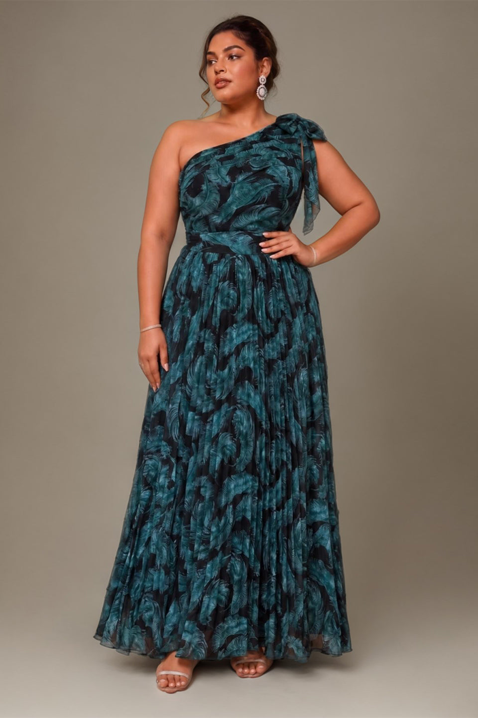 Curveins Plus Size Elegant Striped One Shoulder Cinched Waist Flowy Maxi Dress