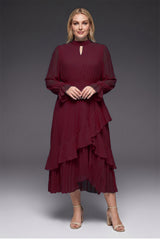 Curveins Plus Size Long Sleeve Ruffle Detail Pleated Asymmetrical Hem Midi Dress