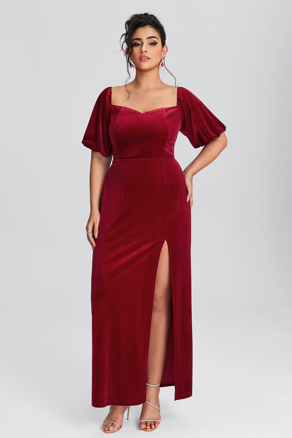 Curveins Plus Size Velvet V-Neck Elegant Maxi Dress