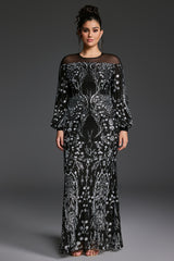 Curveins Plus Size Sheer Round Neck Puff Sleeve Patterned Sequin Bodycon Maxi Dress