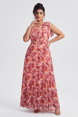 Curveins Plus Size Elegant Striped One Shoulder Cinched Waist Flowy Maxi Dress