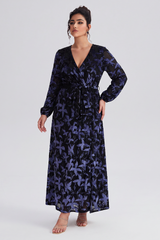 Curveins Plus Size V Neck Long Sleeve Maple Leaf Velvet Waist Tie Maxi Dress