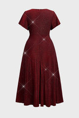 Curveins Plus Size V Neck Short Sleeve Ruched Sparkling Flared Midi Dress